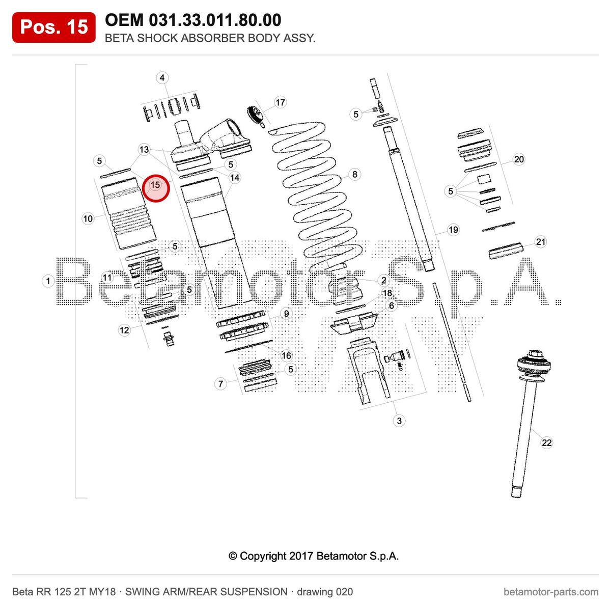 BETA SHOCK ABSORBER BODY ASSY. – OEM 031.33.011.80.00, position 15 on the Beta RR 125 2T MY18 swing arm/rear suspension drawing