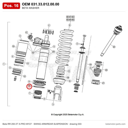 BETA WASHER – OEM 031.33.012.00.00, position 16 on the Beta RR 250 2T X-PRO MY27 swing arm/rear suspension drawing