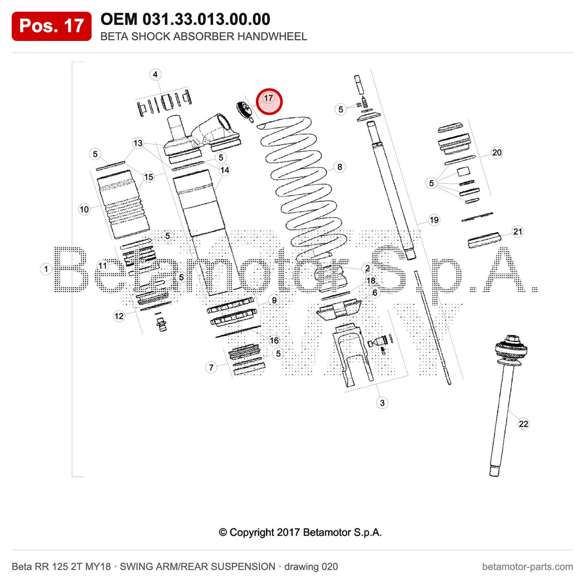 BETA SHOCK ABSORBER HANDWHEEL – OEM 031.33.013.00.00, position 17 on the Beta RR 125 2T MY18 swing arm/rear suspension drawing