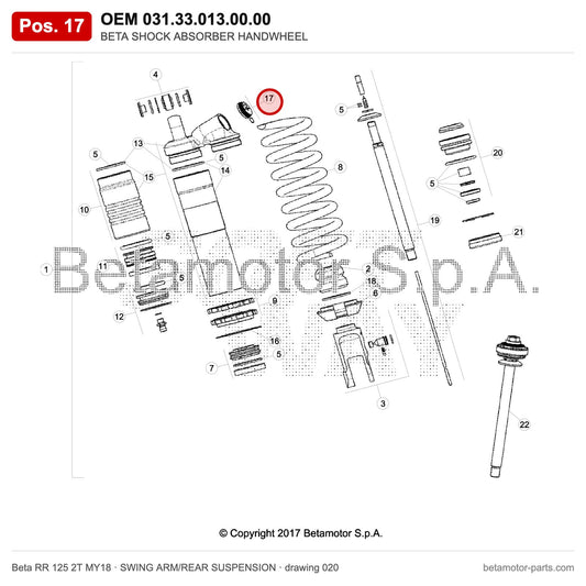 BETA SHOCK ABSORBER HANDWHEEL – OEM 031.33.013.00.00, position 17 on the Beta RR 125 2T MY18 swing arm/rear suspension drawing