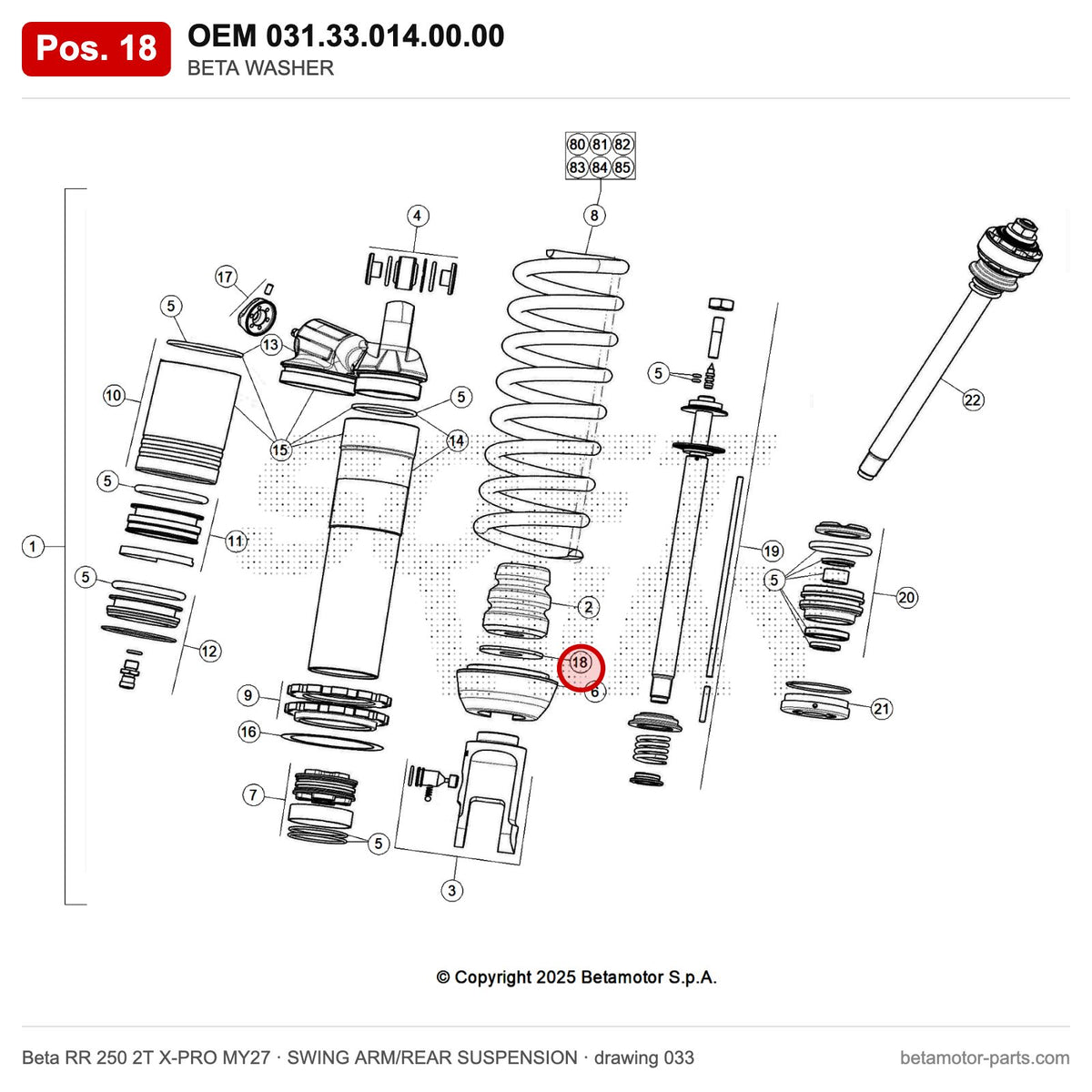 BETA WASHER – OEM 031.33.014.00.00, position 18 on the Beta RR 250 2T X-PRO MY27 swing arm/rear suspension drawing