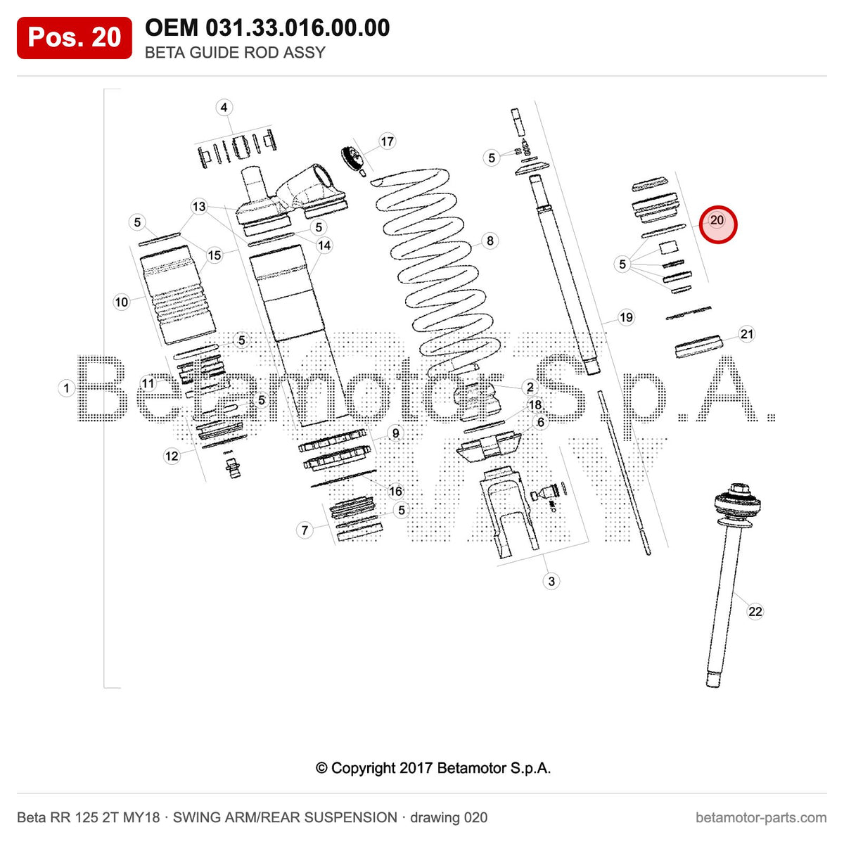 BETA GUIDE ROD ASSY – OEM 031.33.016.00.00, position 20 on the Beta RR 125 2T MY18 swing arm/rear suspension drawing