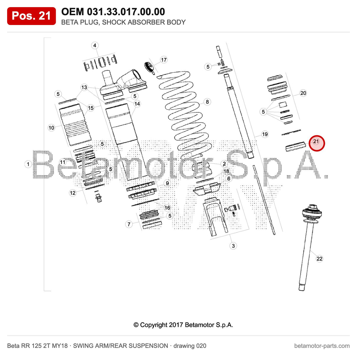 BETA PLUG, SHOCK ABSORBER BODY – OEM 031.33.017.00.00, position 21 on the Beta RR 125 2T MY18 swing arm/rear suspension drawing