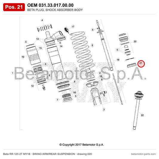 BETA PLUG, SHOCK ABSORBER BODY – OEM 031.33.017.00.00, position 21 on the Beta RR 125 2T MY18 swing arm/rear suspension drawing