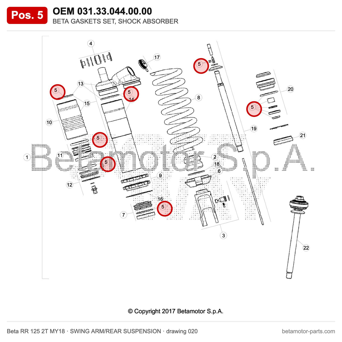 BETA GASKETS SET, SHOCK ABSORBER – OEM 031.33.044.00.00, position 5 on the Beta RR 125 2T MY18 swing arm/rear suspension drawing