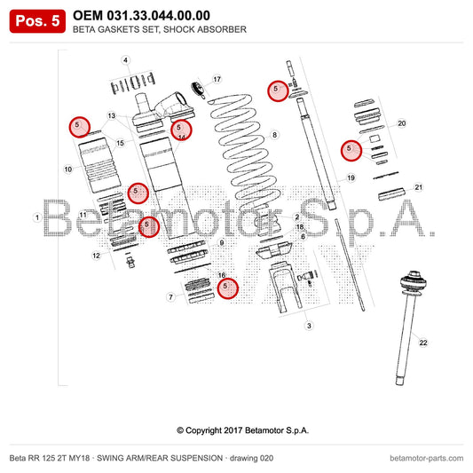 BETA GASKETS SET, SHOCK ABSORBER – OEM 031.33.044.00.00, position 5 on the Beta RR 125 2T MY18 swing arm/rear suspension drawing