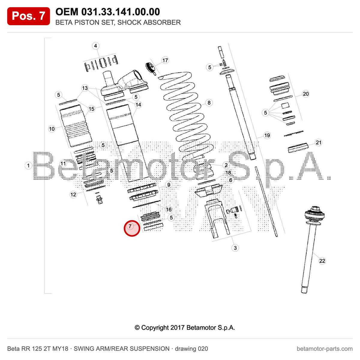 BETA PISTON SET, SHOCK ABSORBER – OEM 031.33.141.00.00, position 7 on the Beta RR 125 2T MY18 swing arm/rear suspension drawing