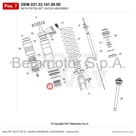 BETA PISTON SET, SHOCK ABSORBER – OEM 031.33.141.00.00, position 7 on the Beta RR 125 2T MY18 swing arm/rear suspension drawing