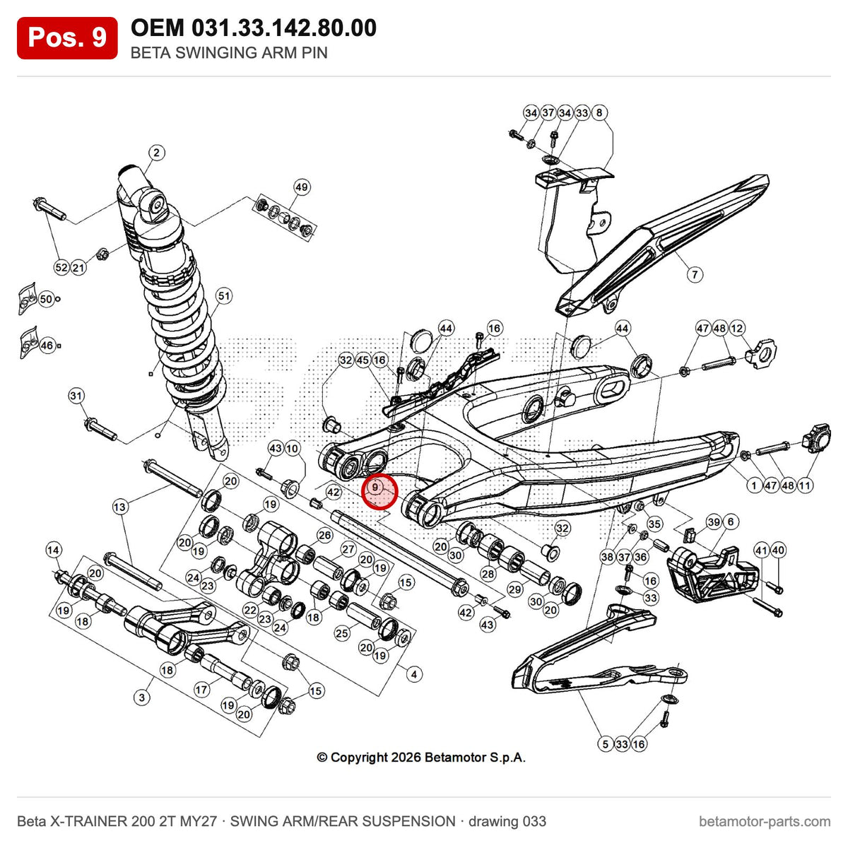BETA SWINGING ARM PIN – OEM 031.33.142.80.00, position 9 on the Beta X-TRAINER 200 2T MY27 swing arm/rear suspension drawing