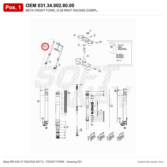 BETA FRONT FORK, D.48 RR4T RACING COMPL. – OEM 031.34.002.80.00, position 1 on the Beta RR 430 4T RACING MY15 front fork drawing