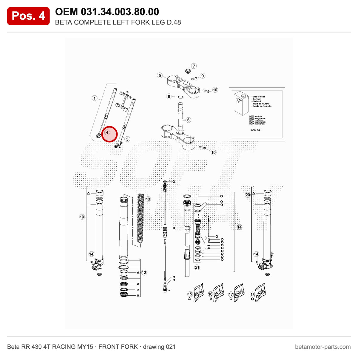 BETA COMPLETE LEFT FORK LEG D.48 – OEM 031.34.003.80.00, position 4 on the Beta RR 430 4T RACING MY15 front fork drawing