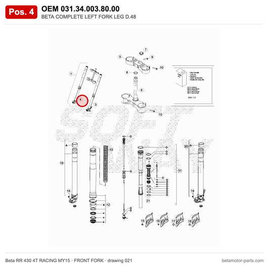 BETA COMPLETE LEFT FORK LEG D.48 – OEM 031.34.003.80.00, position 4 on the Beta RR 430 4T RACING MY15 front fork drawing