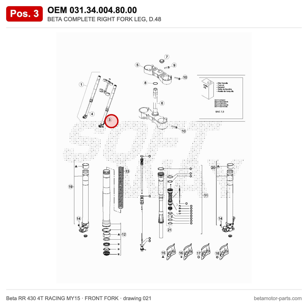 BETA COMPLETE RIGHT FORK LEG, D.48 – OEM 031.34.004.80.00, position 3 on the Beta RR 430 4T RACING MY15 front fork drawing