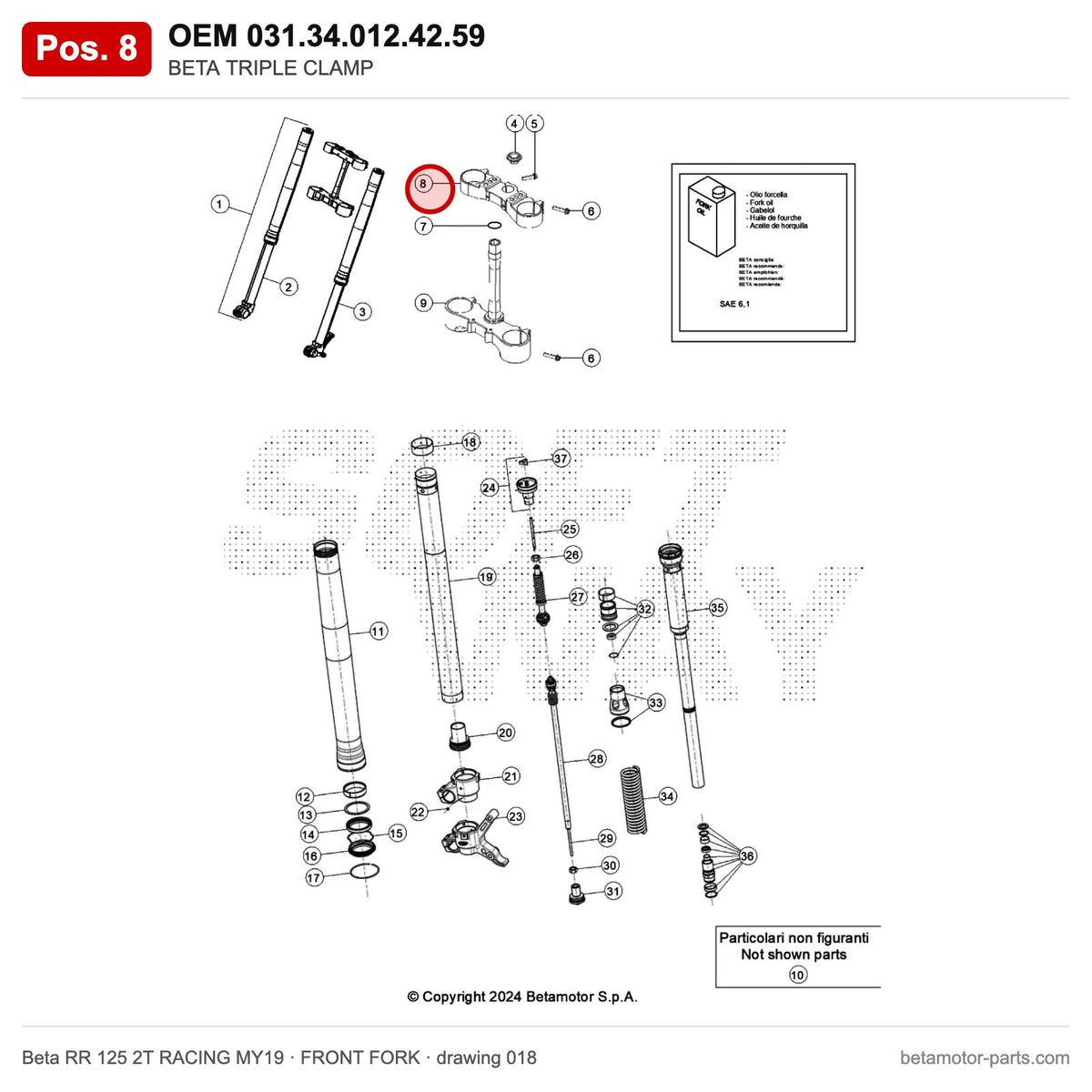 BETA TRIPLE CLAMP – OEM 031.34.012.42.59, position 8 on the Beta RR 125 2T RACING MY19 front fork drawing
