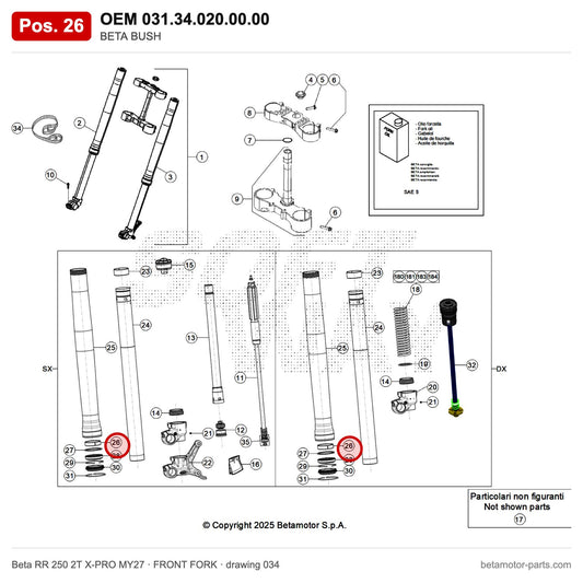 BETA BUSH – OEM 031.34.020.00.00, position 26 on the Beta RR 250 2T X-PRO MY27 front fork drawing