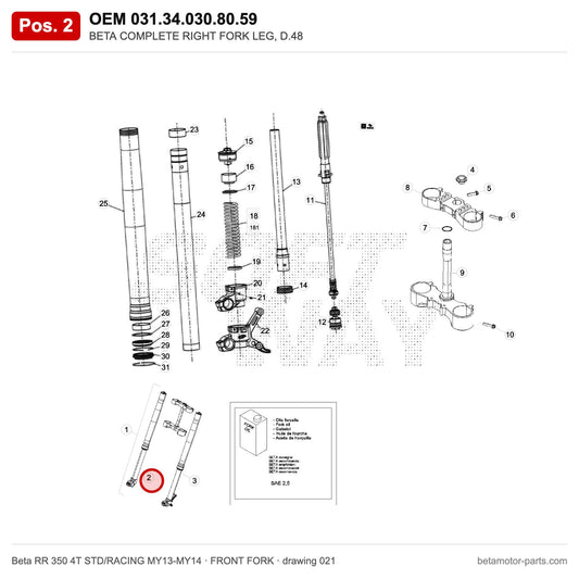 BETA COMPLETE RIGHT FORK LEG, D.48 – OEM 031.34.030.80.59, position 2 on the Beta RR 350 4T STD/RACING MY13-MY14 front fork drawing