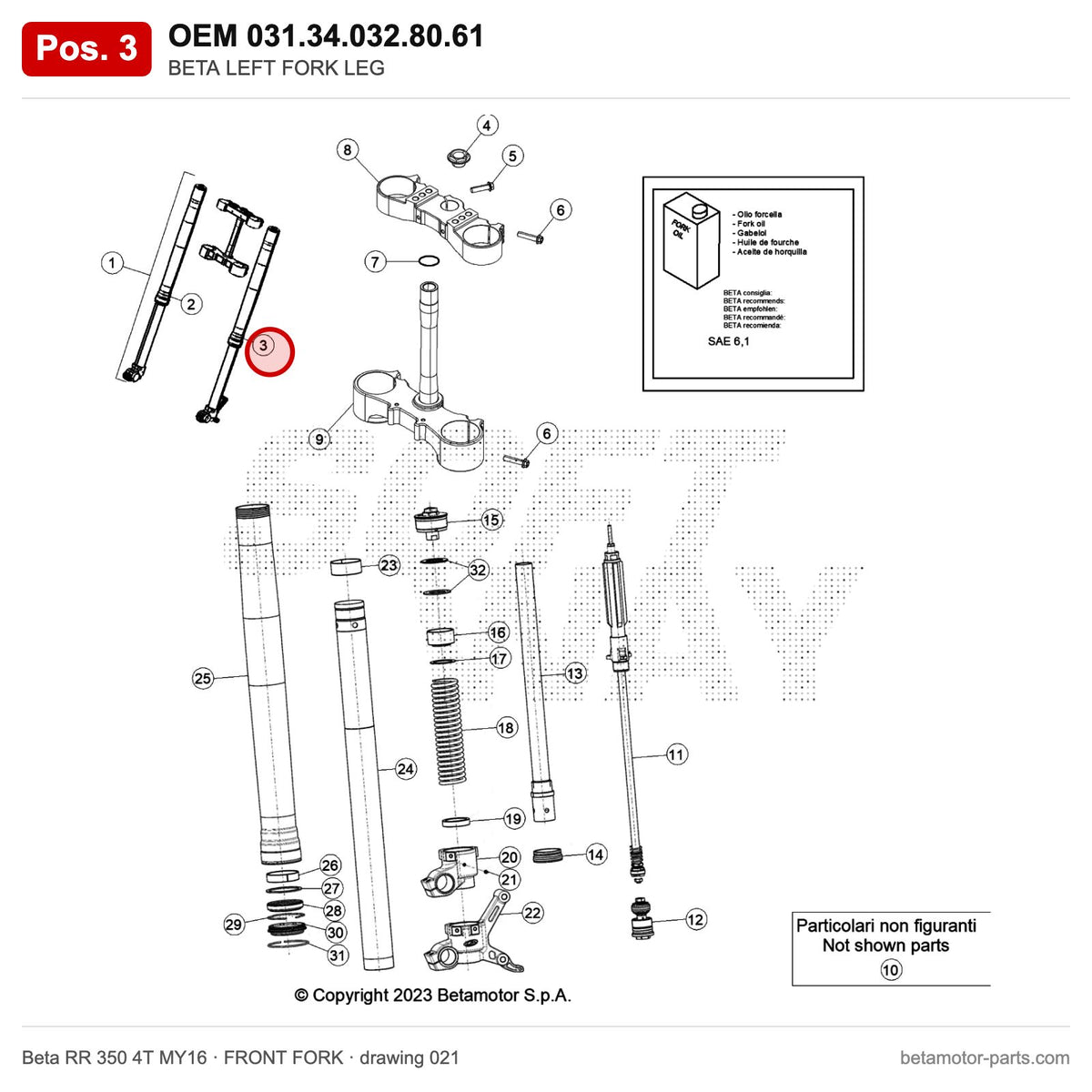 BETA LEFT FORK LEG – OEM 031.34.032.80.61, position 3 on the Beta RR 350 4T MY16 front fork drawing