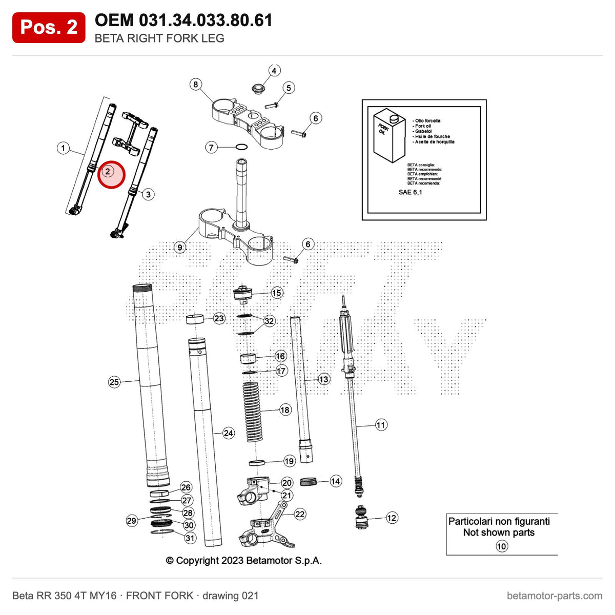 BETA RIGHT FORK LEG – OEM 031.34.033.80.61, position 2 on the Beta RR 350 4T MY16 front fork drawing