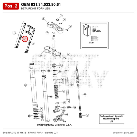 BETA RIGHT FORK LEG – OEM 031.34.033.80.61, position 2 on the Beta RR 350 4T MY16 front fork drawing