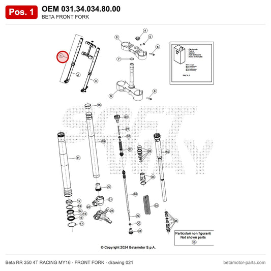 BETA FRONT FORK – OEM 031.34.034.80.00, position 1 on the Beta RR 350 4T RACING MY16 front fork drawing