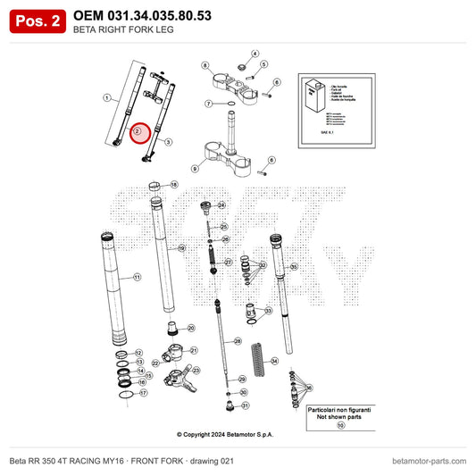 BETA RIGHT FORK LEG – OEM 031.34.035.80.53, position 2 on the Beta RR 350 4T RACING MY16 front fork drawing