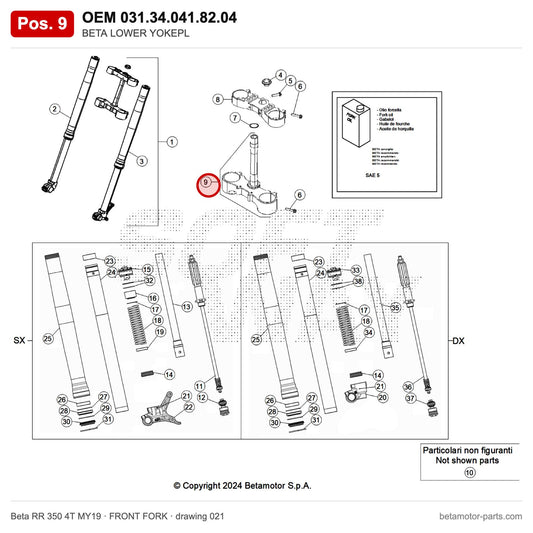 BETA LOWER YOKEPL – OEM 031.34.041.82.04, position 9 on the Beta RR 350 4T MY19 front fork drawing