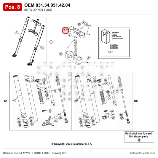 BETA UPPER YOKE – OEM 031.34.051.42.04, position 8 on the Beta RR 350 4T MY19 front fork drawing