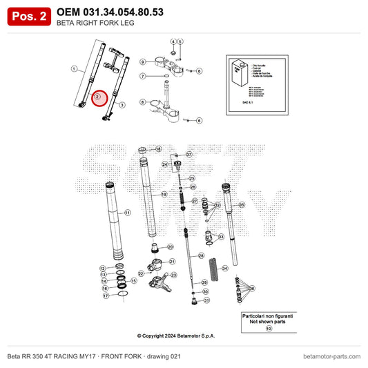 BETA RIGHT FORK LEG – OEM 031.34.054.80.53, position 2 on the Beta RR 350 4T RACING MY17 front fork drawing