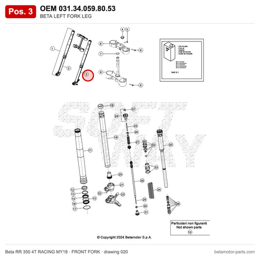 BETA LEFT FORK LEG – OEM 031.34.059.80.53, position 3 on the Beta RR 350 4T RACING MY18 front fork drawing