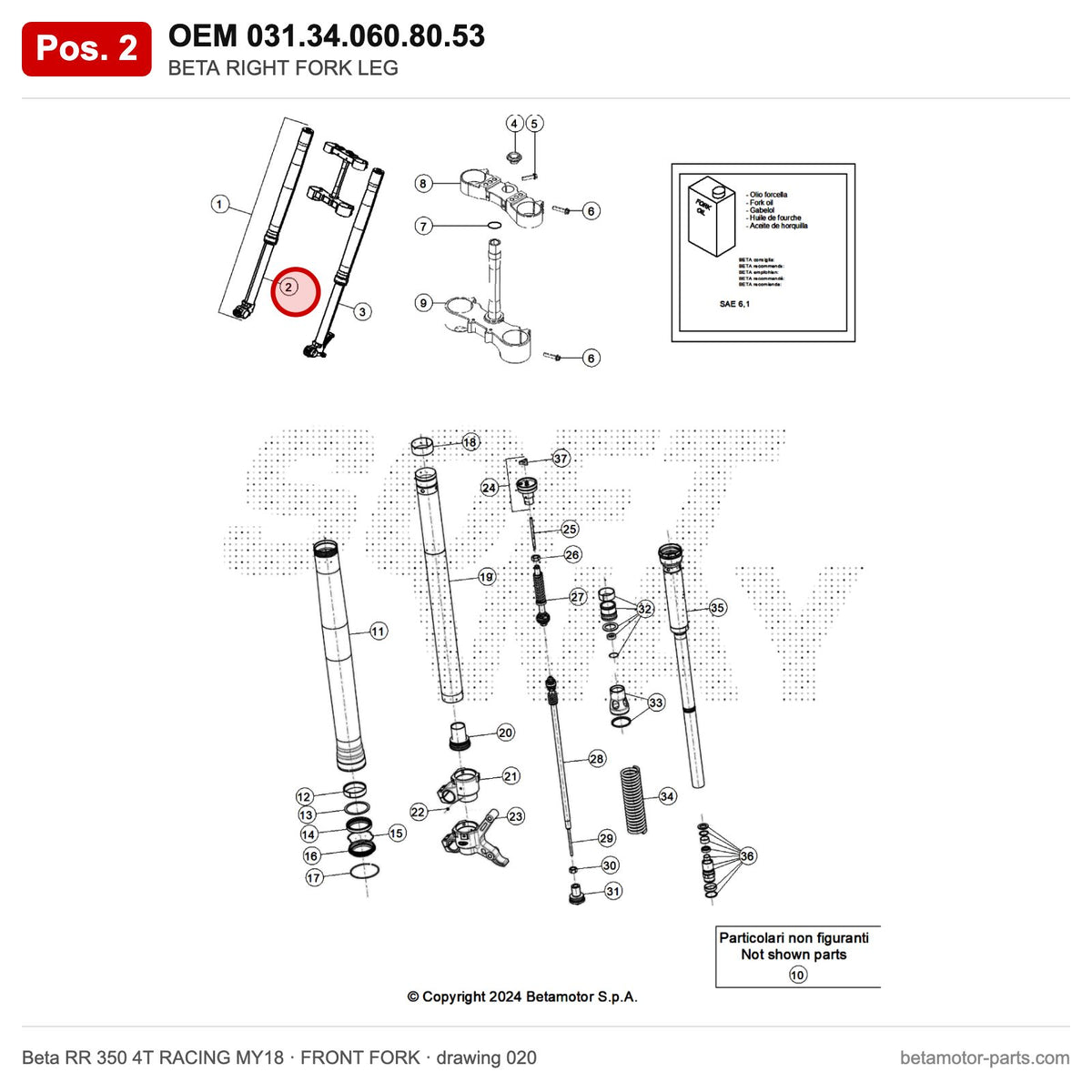 BETA RIGHT FORK LEG – OEM 031.34.060.80.53, position 2 on the Beta RR 350 4T RACING MY18 front fork drawing