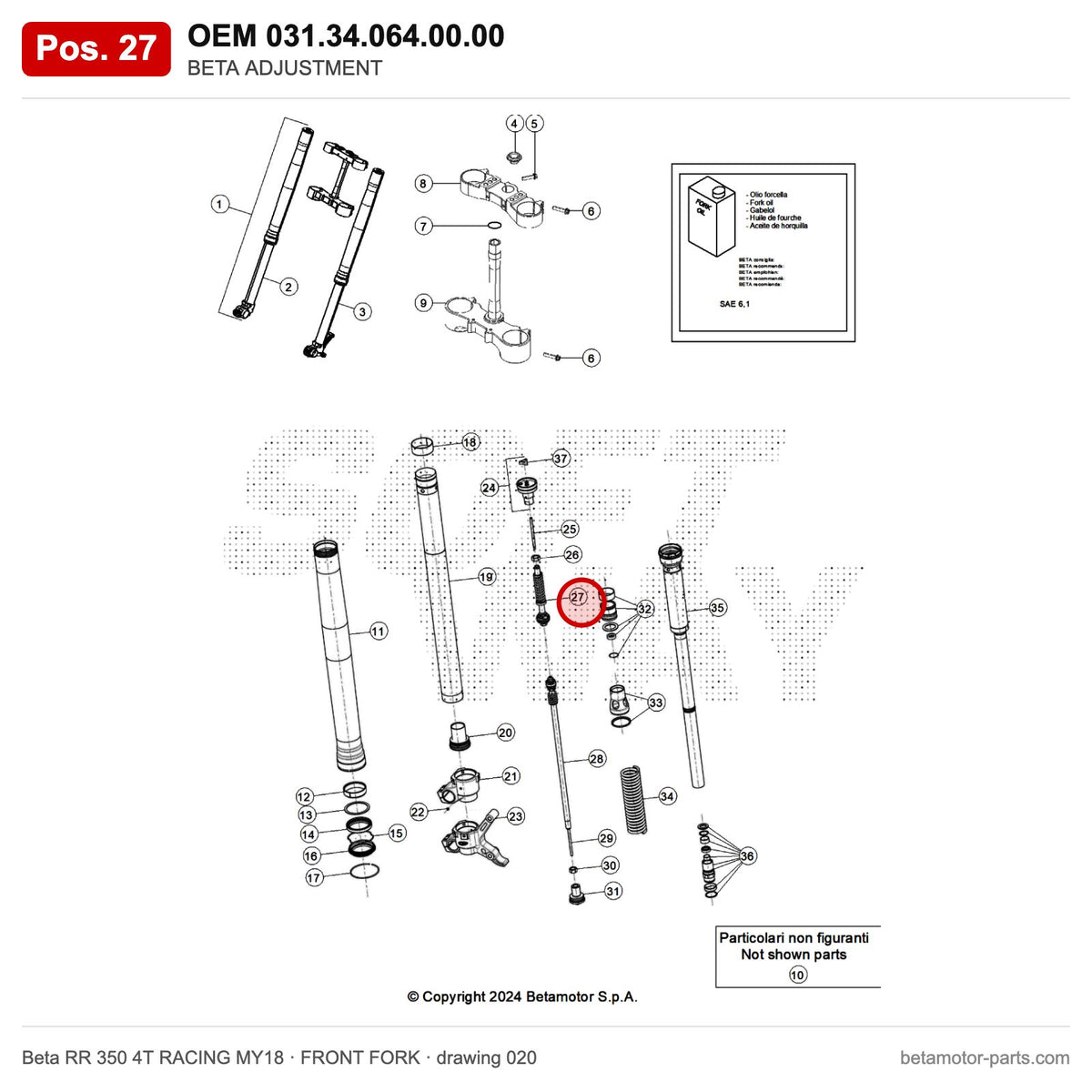 BETA ADJUSTMENT – OEM 031.34.064.00.00, position 27 on the Beta RR 350 4T RACING MY18 front fork drawing