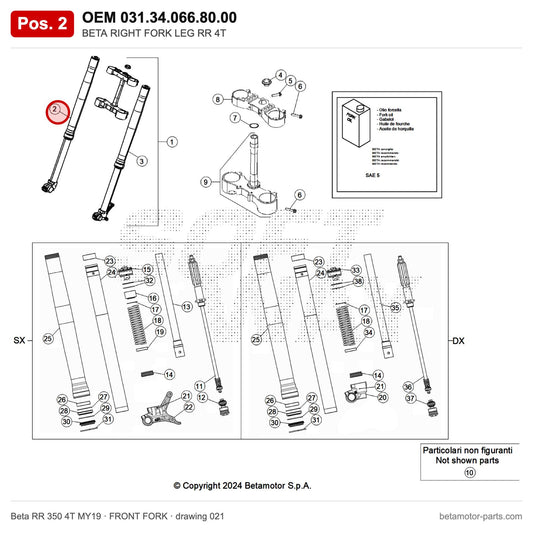 BETA RIGHT FORK LEG RR 4T – OEM 031.34.066.80.00, position 2 on the Beta RR 350 4T MY19 front fork drawing