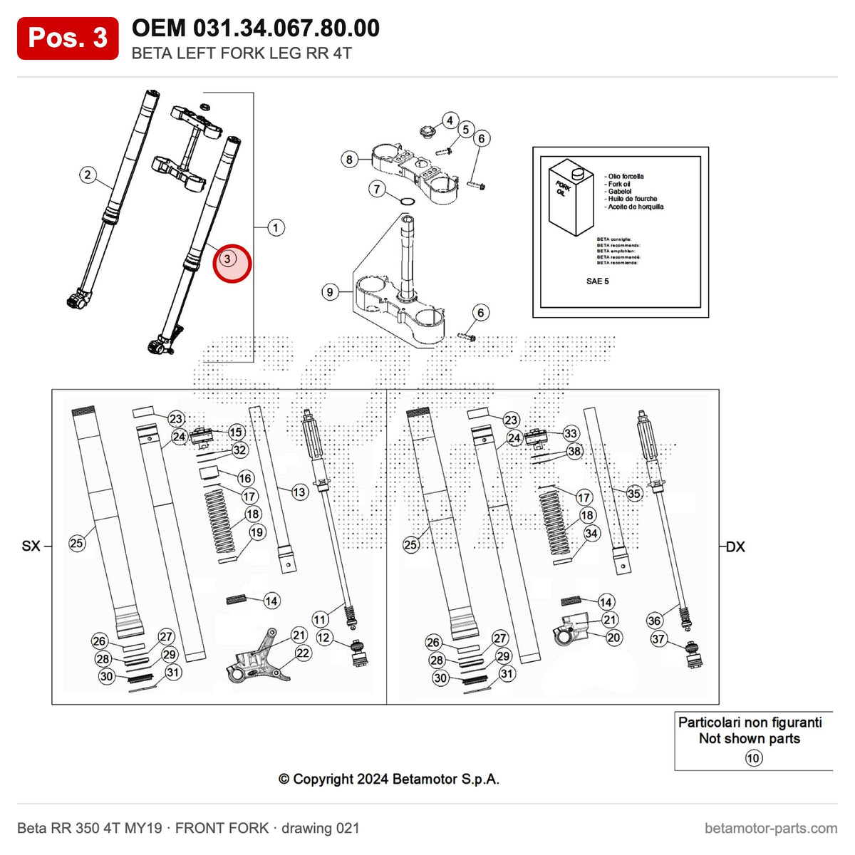 BETA LEFT FORK LEG RR 4T – OEM 031.34.067.80.00, position 3 on the Beta RR 350 4T MY19 front fork drawing