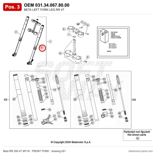 BETA LEFT FORK LEG RR 4T – OEM 031.34.067.80.00, position 3 on the Beta RR 350 4T MY19 front fork drawing
