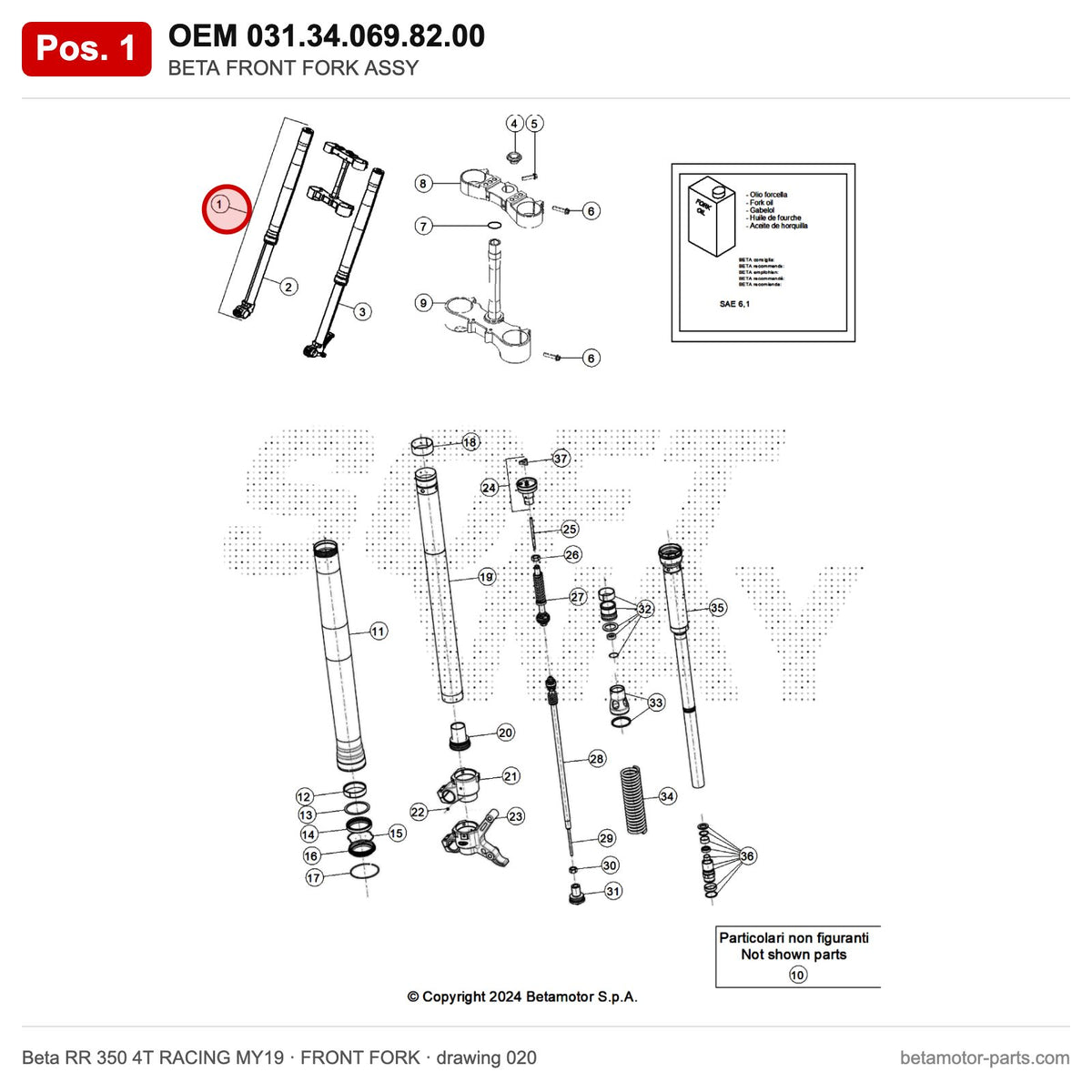 BETA FRONT FORK ASSY – OEM 031.34.069.82.00, position 1 on the Beta RR 350 4T RACING MY19 front fork drawing