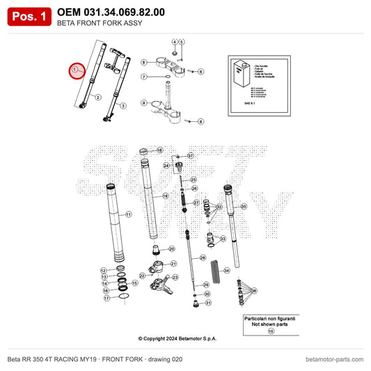 BETA FRONT FORK ASSY – OEM 031.34.069.82.00, position 1 on the Beta RR 350 4T RACING MY19 front fork drawing