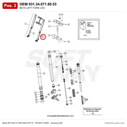 BETA LEFT FORK LEG – OEM 031.34.071.80.53, position 3 on the Beta RR 350 4T RACING MY19 front fork drawing
