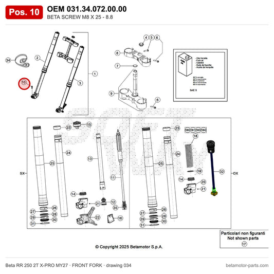 BETA SCREW M8 X 25 - 8.8 – OEM 031.34.072.00.00, position 10 on the Beta RR 250 2T X-PRO MY27 front fork drawing