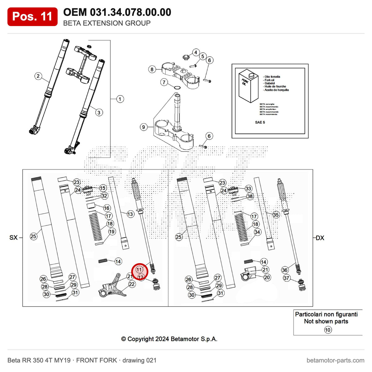 BETA EXTENSION GROUP – OEM 031.34.078.00.00, position 11 on the Beta RR 350 4T MY19 front fork drawing