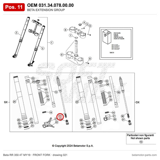 BETA EXTENSION GROUP – OEM 031.34.078.00.00, position 11 on the Beta RR 350 4T MY19 front fork drawing
