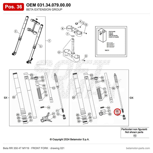 BETA EXTENSION GROUP – OEM 031.34.079.00.00, position 36 on the Beta RR 350 4T MY19 front fork drawing