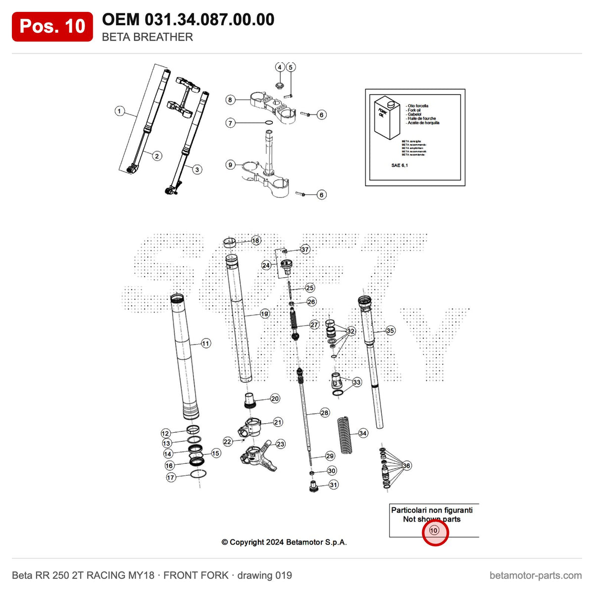 BETA BREATHER – OEM 031.34.087.00.00, position 10 on the Beta RR 250 2T RACING MY18 front fork drawing