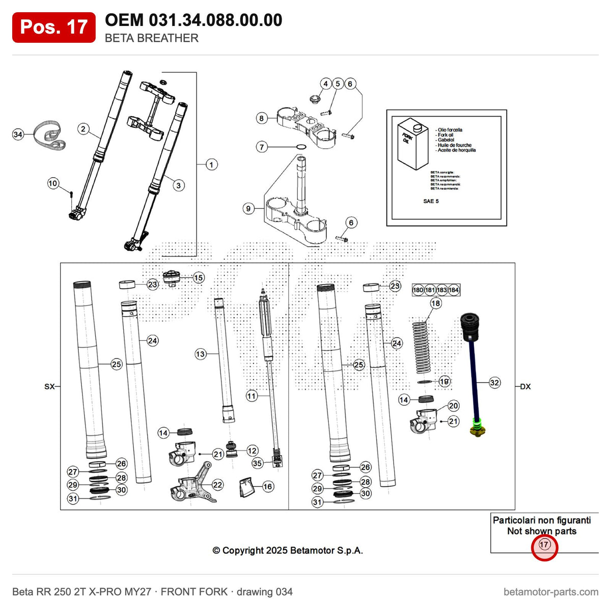 BETA BREATHER – OEM 031.34.088.00.00, position 17 on the Beta RR 250 2T X-PRO MY27 front fork drawing