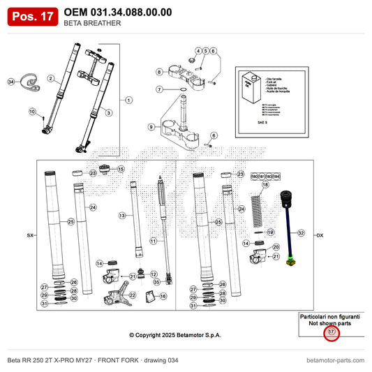 BETA BREATHER – OEM 031.34.088.00.00, position 17 on the Beta RR 250 2T X-PRO MY27 front fork drawing