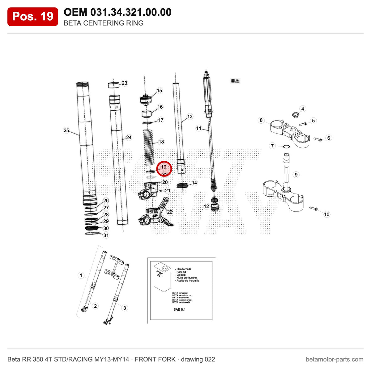 BETA CENTERING RING – OEM 031.34.321.00.00, position 19 on the Beta RR 350 4T STD/RACING MY13-MY14 front fork drawing