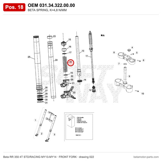 BETA SPRING, K=4,8 N/MM – OEM 031.34.322.00.00, position 18 on the Beta RR 350 4T STD/RACING MY13-MY14 front fork drawing