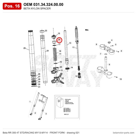 BETA NYLON SPACER – OEM 031.34.324.00.00, position 16 on the Beta RR 350 4T STD/RACING MY13-MY14 front fork drawing
