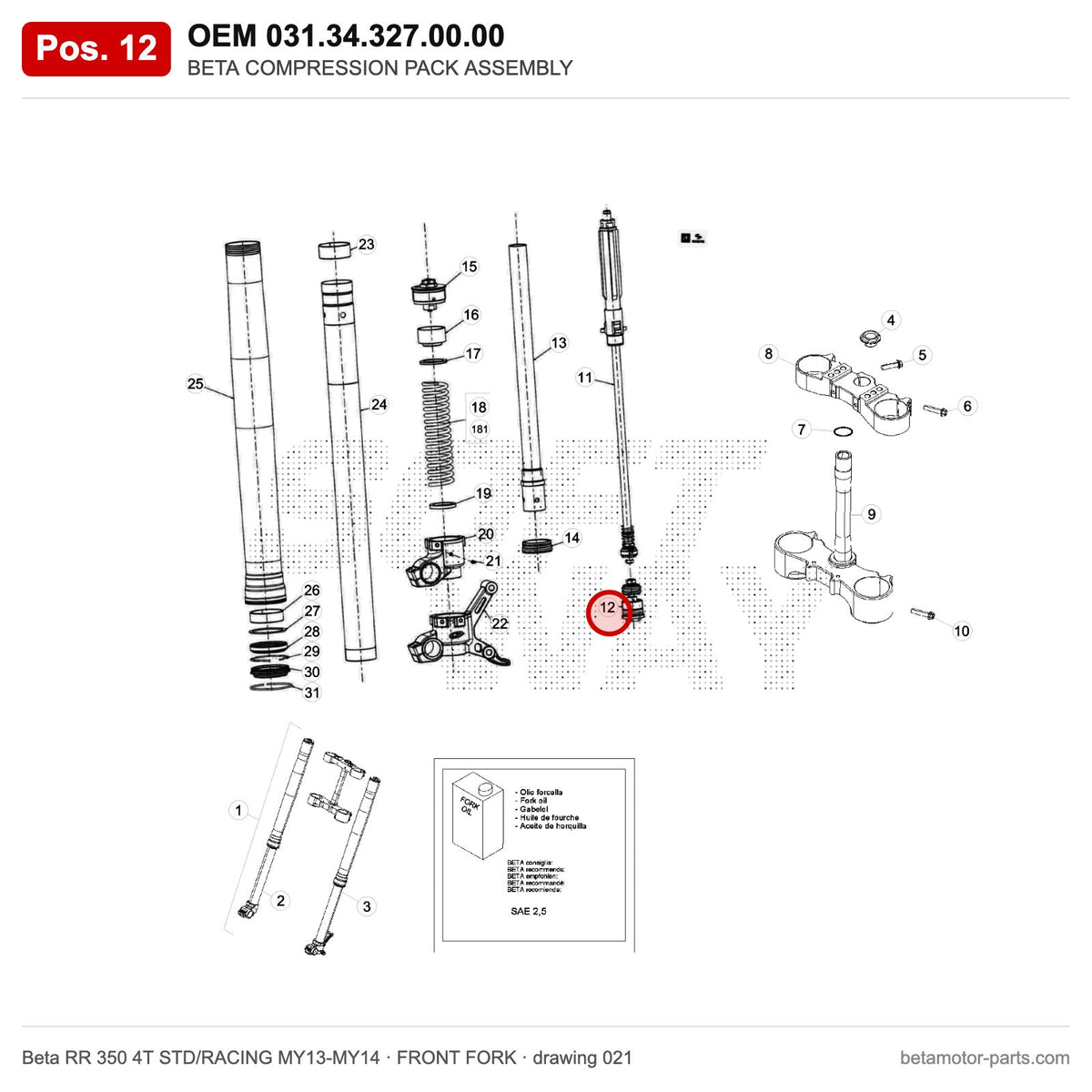 BETA COMPRESSION PACK ASSEMBLY – OEM 031.34.327.00.00, position 12 on the Beta RR 350 4T STD/RACING MY13-MY14 front fork drawing