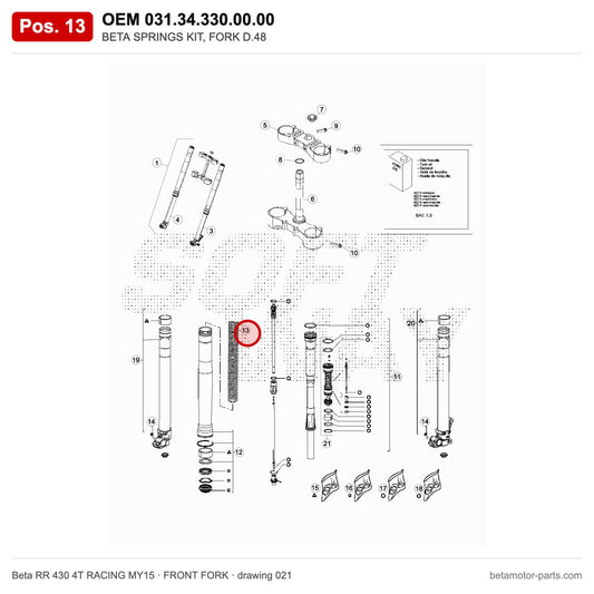 BETA SPRINGS KIT, FORK D.48 – OEM 031.34.330.00.00, position 13 on the Beta RR 430 4T RACING MY15 front fork drawing