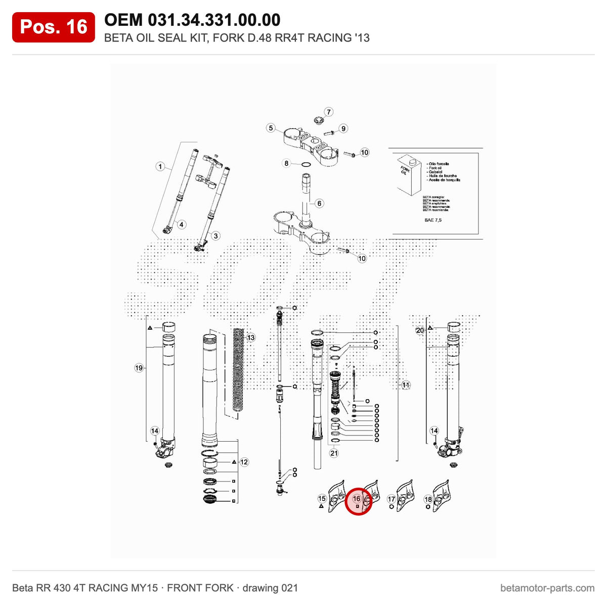 BETA OIL SEAL KIT, FORK D.48 RR4T RACING '13 – OEM 031.34.331.00.00, position 16 on the Beta RR 430 4T RACING MY15 front fork drawing